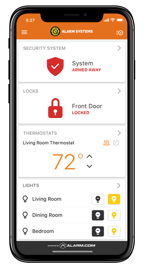 Mobile security app showing system status, locks, thermostat and lights