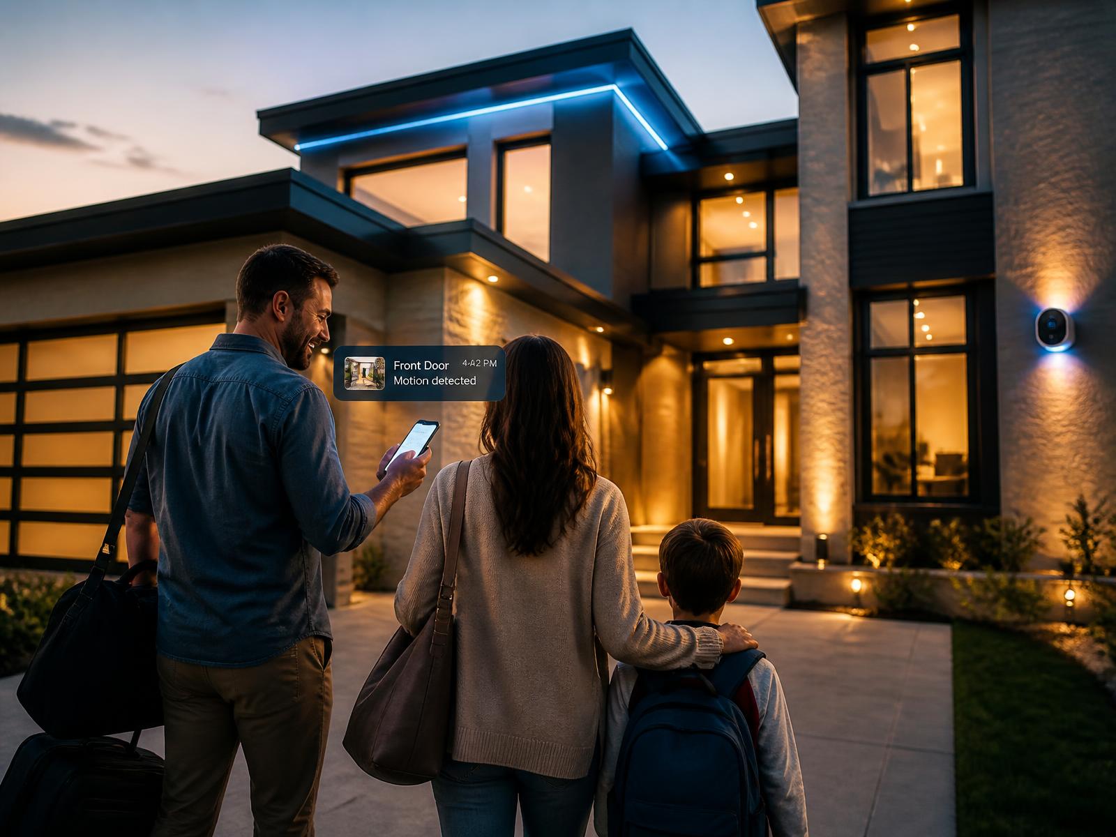 Family arriving at a modern smart home protected by security cameras
